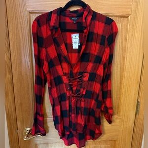 Brand new with tags Express red and black plaid flannel tunic with ties